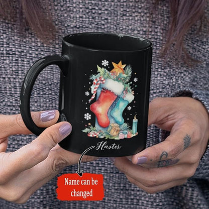Custom Funny Christmas Cup, Christmas Sock With Gifts And Candle Design Mug, Customized Name Christmas Black Cup 11oz 15oz, Personalized Coffee Mug For Christmas, Christmas Sock Detailed Cup