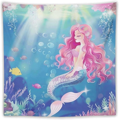 HZOHNAGO Mermaid Girls Tapestry Watercolor Mermaid Princess Pink Hair Pattern for Kids Room Decoration Printed Wall Tapestry Wall Hanging for Bedroom Living Room Dorm 60" W x 60" H