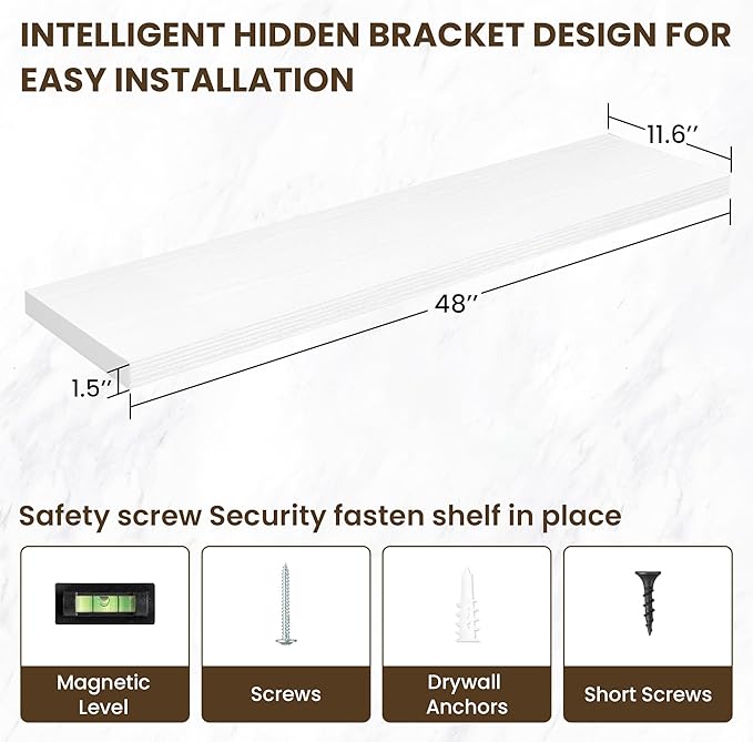 48 Inch Floating Shelves, 12 Inch Deep Floating Shelves for Wall, Floating Shelf with Invisible Brackets, Deep Wall Shelves for Bathroom, Bedroom, Living Room, 1 Pack, White