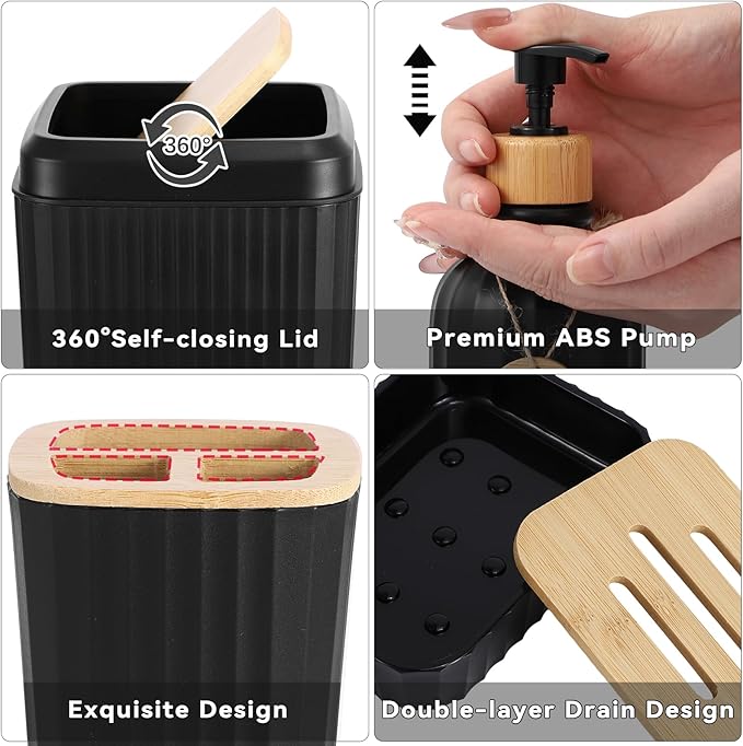 34PCS Bathroom Accessories Set with Shower Curtain,Rugs,Bath Towel,Trash Can,3PCS Lotion Soap Dispenser,Toothbrush Holder,Soap Dish,Tumbler Cup,6PCS Wood Tags Bath Accessories with Tray for Bathroom