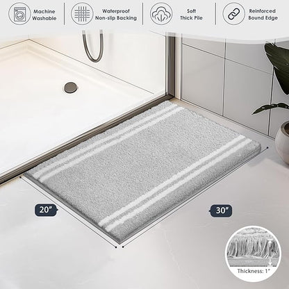 PURRUGS Bathroom Rug Non-Slip Machine Washable 20" x 30", Super Absorbent and Quick Dry Shaggy Microfiber Bath Mat, Extra Soft and Plush Bath Rug for Bathtub, Shower and Sink, Light Grey
