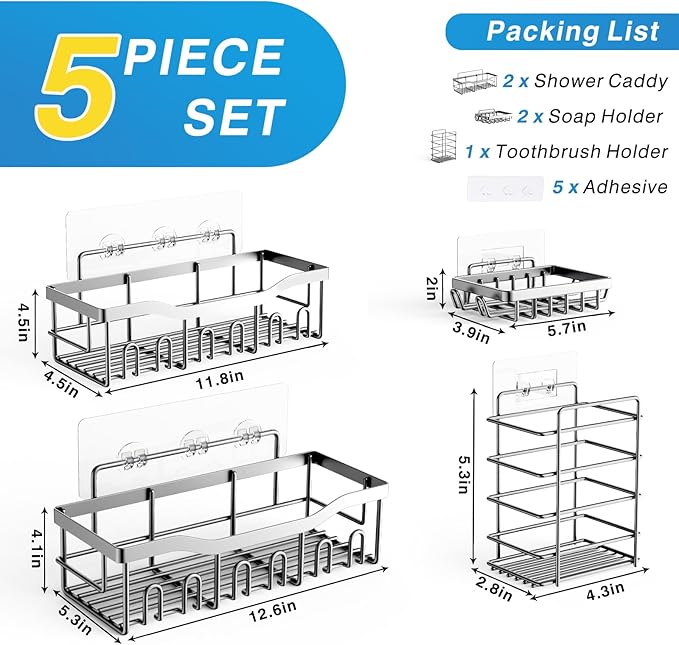5-Pack Rustproof Stainless Steel Shower Caddy – No Drill Adhesive Bathroom Organizer with Large Capacity, Spacious Shower Shelves for Inside Shower, Kitchen & Home Decor Storage-XL Size