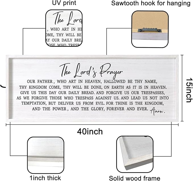 Our Father Prayer Bible Verse Framed Wall Art, 40''×15'' Rustic Religious Christian Lords Prayer Sign for God Jesus Christ Prayer, Horizontal Holy Inspirational Catholic Scripture Decor