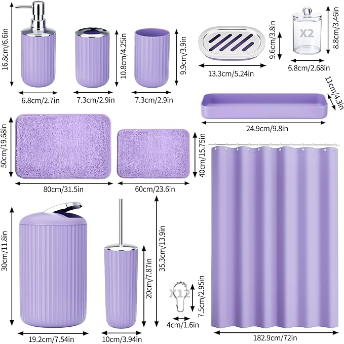 24 PCS Purple Bathroom Accessories Set with Shower Curtain and Rugs, Bathroom Sets with Extra Soft and Absorbent Bath Rugs Shower Curtain Bathroom Accessory for Bath