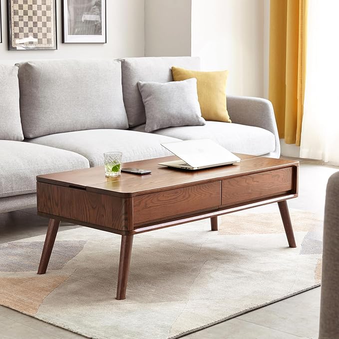 100% Solid Wood Lift Top Coffee Table for Living Room, Mid Century Modern Tables with Drawers and Large Storage, Oak Wood Coffee Tables for Small Spaces (Oak Walnut Color, 47.24"W x 23.62"D x 25.59"H)