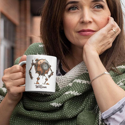 Steampunk Robot Coffee Mug With Custom Name, Customized Mechanical Themed Design Ceramic Cup, Steampunk Enthusiasts White Cup 11oz Or 15oz, Personalized Mug Gift For Daughter Son