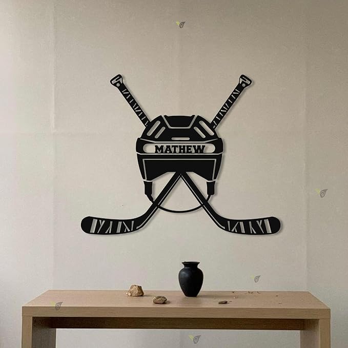 Custom Hockey LED Sign - Goalie Helmet Personalized Name Sign with Crossed Sticks, Light Up Goalie Mask Hockey Room Decor for Boys, Players, Fans