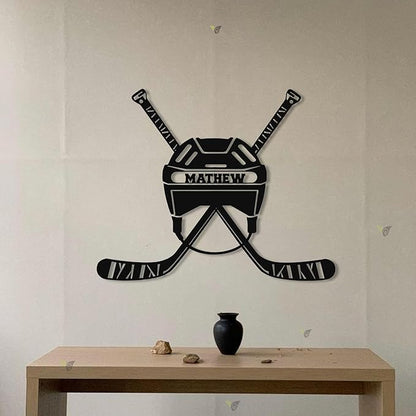 Custom Hockey LED Sign - Goalie Helmet Personalized Name Sign with Crossed Sticks, Light Up Goalie Mask Hockey Room Decor for Boys, Players, Fans