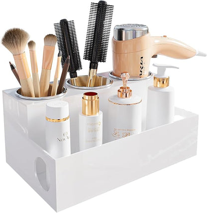 White Hair Tool Organizer Acrylic Hair Dryer and Styling Holder, Bathroom Countertop Blow Dryer Holder, Vanity Caddy Storage Stand for Accessories, Makeup, Toiletries