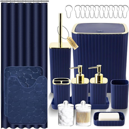 Bathroom Set with Shower Curtain and Rugs- 25PC Blue Bathroom Accessory Set, Navy Blue Shower Curtain Set, Toilet Brush, Trash Can, Qtip Holder Dispenser & Soap Dispenser
