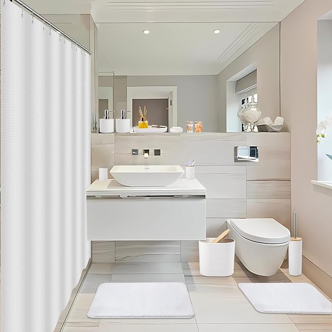 Bathroom Set - White Bathroom Accessories Set, Bathroom Sets with Shower Curtain and Rugs, 25PC Shower Curtain Set with Hooks, Soap Dispenser, Soap Dish, Toilet Brush Holder and Trash Can