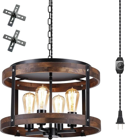 4-Light Large Rustic Farmhouse Plug in Pendant Light Fixture with Adjustable Chain, Dimmable Switch, 16.5 inch Oak Wood Drum Hanging Lamp for Dining Room Living Room Farmhouse Entry, Black