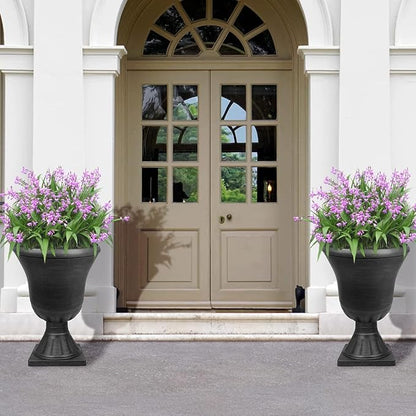 Worth Garden 2-Pack Plastic Urn Planters for Outdoor Plants, 22'' Black Tall Round Classic Resin Traditional Flower Pots - 15 in. Dia. Large Imitation Stone Decorative Pot Patio Deck Front Porch