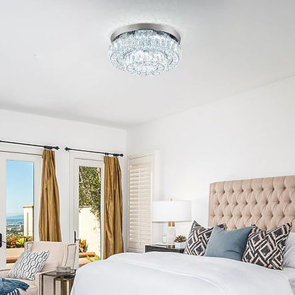 12 Inch Crystal Chandelier LED Ceiling Light 2 Tier Flush Mount Ceiling Light Fixtures Modern Chandelier Lighting for Hallway Bedroom Dining Room Kitchen (Cool White)