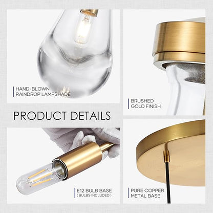 3-Light Raindrop Pendant Light Fixtures, Brass Glass Pendant Lighting, Teardrops Modern Hanging Light for Entryway Foyer Kitchen Island Dining Living Room Hallway