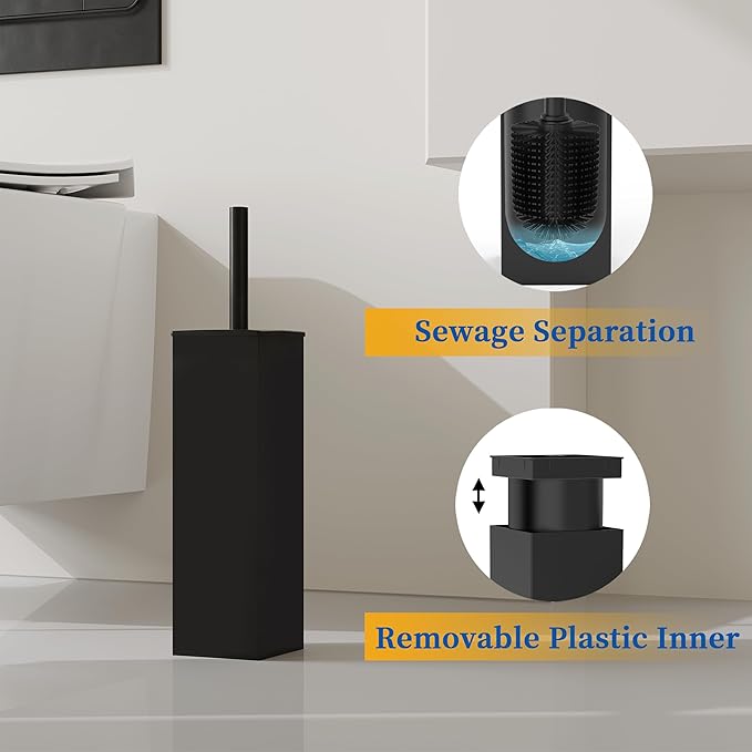 RUACQ Toilet Brush and Holder Set,Square Toilet Bowl Brush for Bathroom with 304 Stainless Steel Handle Toilet Cleaner Brush with Durable Scrubbing Bristles,Splash-Proof (Matte Black)