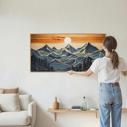 Tinonedraw Metal Mountain Framed Canvas Wall Art, Boho Mountains Forest Artworks, Mid Century Modern Blue Ridge Wall Decor, Vintage Nature Sunset Art Print for Living Room Bedroom Office 20"x40"