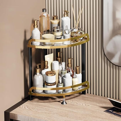 2 Tier Bathroom Organizer Countertop XL Corner Shelf, Black Gold Bathroom Counter Organizers, Large Capacity Vanity Shelves, Corner Skincare Makeup Storage, 9''W x 9''L x 13.78''H