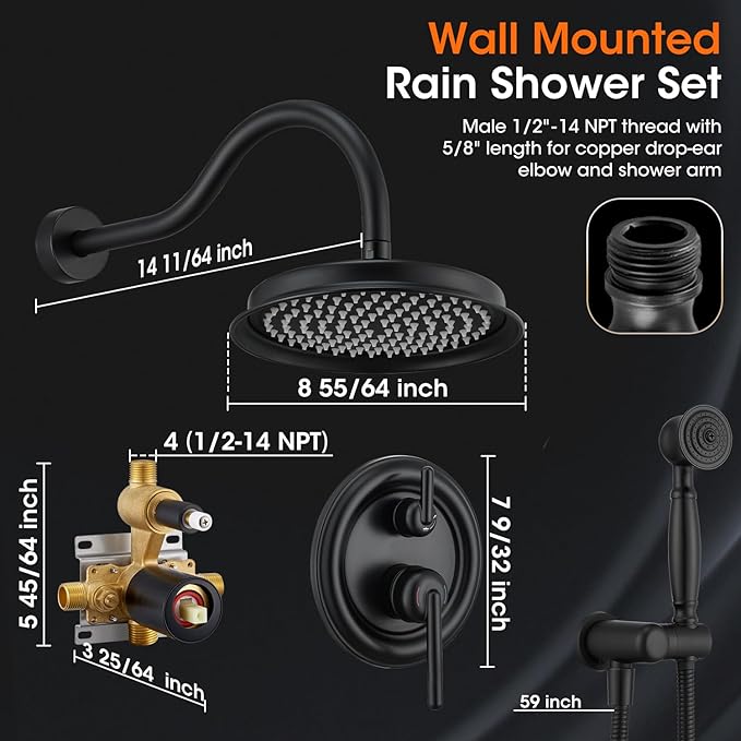 Rainfall Shower Head System with Pressure Balance Valve 9 Inch Bathroom Luxury Rain Mixer Shower Combo Set Wall Mounted Antique Shower Faucet Sets with Vintage Handheld Spray Matte Black