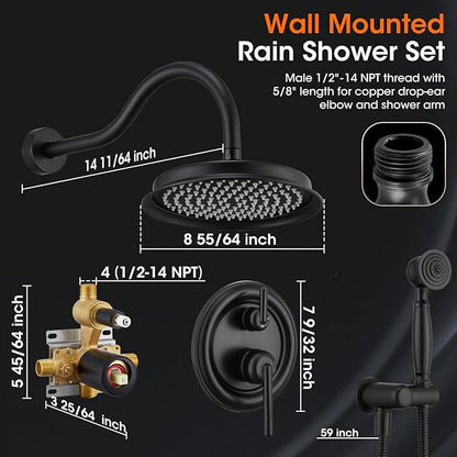 Rainfall Shower Head System with Pressure Balance Valve 9 Inch Bathroom Luxury Rain Mixer Shower Combo Set Wall Mounted Antique Shower Faucet Sets with Vintage Handheld Spray Matte Black