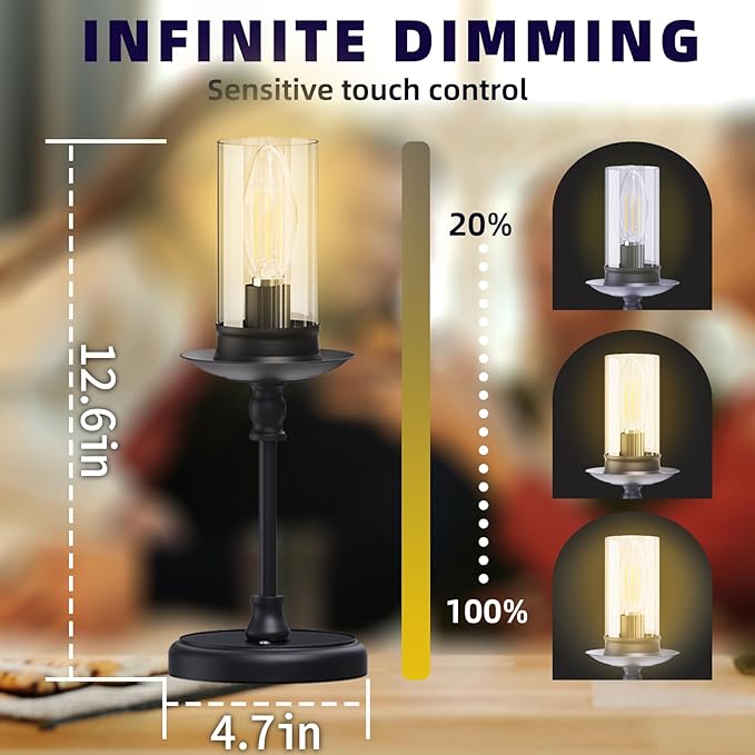 Vintage Cordless LED Candle Table Lamp Rechargeable Battery Powered Lamp, Touch Control, Metal Finish, Suitable for Bedroom, Dining Room, Wedding, Thanksgiving, Christmas, Wedding, Party, Birthday