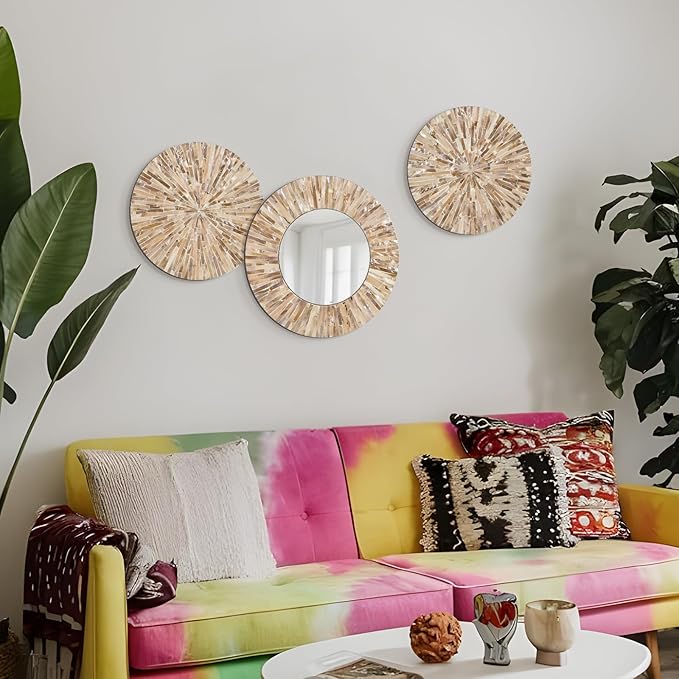 TEIPAI Boho Decorative Mirror for Living Room, 3PCS Handcrafted Mother of Pearl Mirror Wall Decor for Home Dorm Apartment Hallway Staircase, Mosaic Art Plates for Wedding Decoration (Dark Brown)