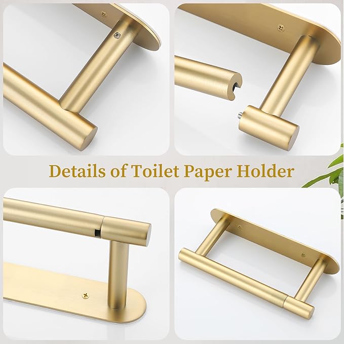 Brushed Gold Toilet Paper Holder, Upgraded SUS304 Stainless Steel Toilet Roll Holder, Modern Double Base Paper Towel Holder Wall Mount for Bathroom, Kitchen, Washroom