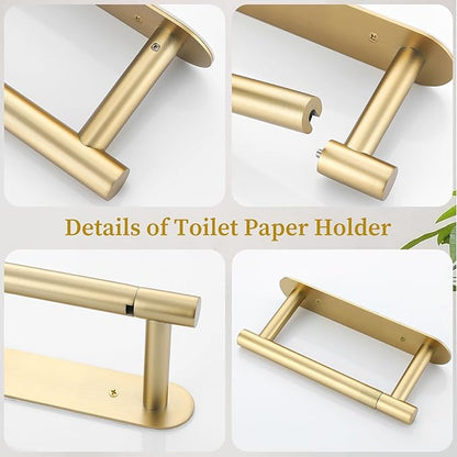 Brushed Gold Toilet Paper Holder, Upgraded SUS304 Stainless Steel Toilet Roll Holder, Modern Double Base Paper Towel Holder Wall Mount for Bathroom, Kitchen, Washroom