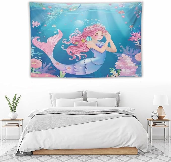 HZOHNAGO Mermaid Girls Tapestry Watercolor Flowers Mermaid Princess Blessing Pattern for Kids Room Decoration Printed Wall Tapestry Wall Hanging for Bedroom Living Room Dorm 60" W x 40" H