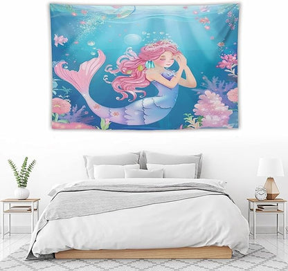 HZOHNAGO Mermaid Girls Tapestry Watercolor Flowers Mermaid Princess Blessing Pattern for Kids Room Decoration Printed Wall Tapestry Wall Hanging for Bedroom Living Room Dorm 60" W x 40" H