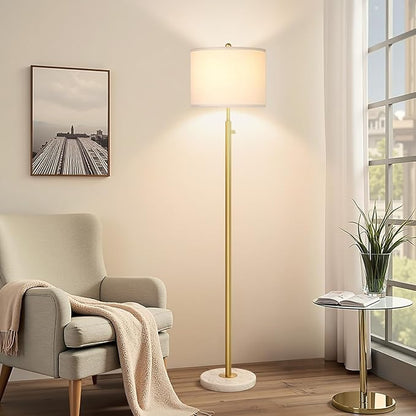 【Upgraded】Dimmable Gold Floor Lamps for Living Room, 11W LED Bulb Included, Modern Standing Lamp with Marble Base, Tall Pole Light with White Linen Shade for Bedroom Reading Office Corner Nursery