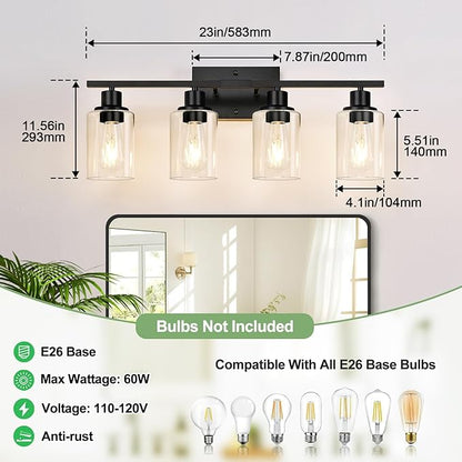 4-Light Bathroom Light Fixtures, Matte Black Modern Vanity Lights with Clear Glass Shades, Bathroom Wall Lamp for Mirror Living Room Cabinet Bedroom Porch