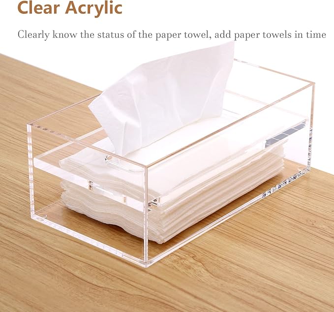 SANRUI Clear Acrylic Facial Tissue Box Cover Holder with 8mm Top Lid Rectangle Napkin Dispenser Organizer for Bathroom, Kitchen and Office Desk