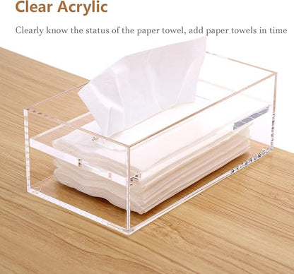 SANRUI Clear Acrylic Facial Tissue Box Cover Holder with 8mm Top Lid Rectangle Napkin Dispenser Organizer for Bathroom, Kitchen and Office Desk