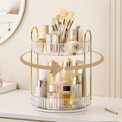 360° Rotating Makeup Organizer, Upgraded 2 Tier Skincare Perfume Organizers for Women, Bathroom Organizer Countertop, Clear Cosmetic Dresser Organizer with Makeup Brush Holder, Sink&Counte (Clear)