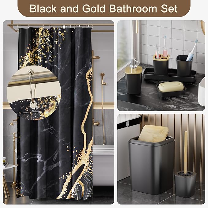 Bathroom Set Bathroom Sets with Shower Curtain and Rugs,Black Bathroom Accessories Set Waterproof Black and Gold Shower Curtain Set