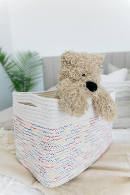 OrganiHaus Set of 3 Woven Storage Baskets for Organizing, Cotton Rope Organizer Bins for Shelves, Closet & Nursery, Dog Toy Basket, Decorative Bins for Toys, Towels & Books - 15x10x9, Rainbow Stitches