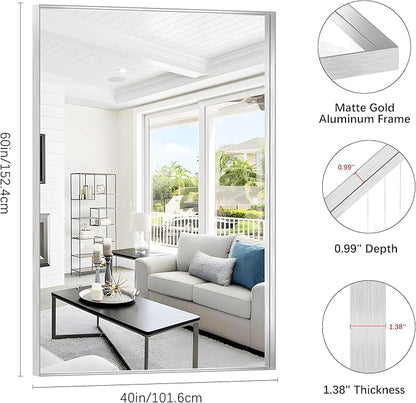 Silver Bathroom Mirror, 60x40 Inch Rectangular Framed Mirror, Large Wall Mounted Bathroom Vanity Mirror Over Sink for Bedroom,Restroom, Living Room, Hangs Vertically or Horizontally