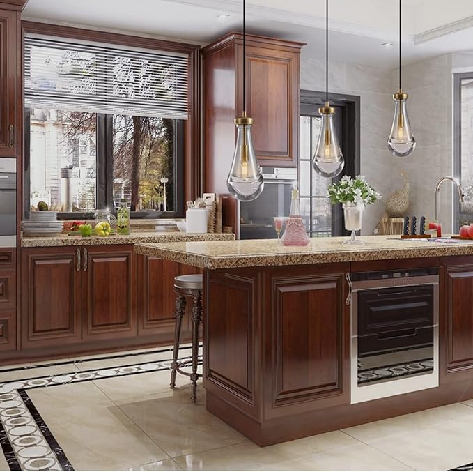 Raindrop Pendant Lights, Pendant Lights Kitchen Island, Brass Base Hanging Light Dining Room Light Fixture, Handblown Clear Kitchen Chandelier, Rope Pendant Lights for Living Room Hallway,E12 Bulb