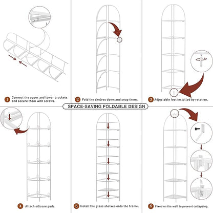 Crofy Foldable 5 Tier Corner Shelf, Metal Corner Plant Stand with White Frame and Transparent Shelves, Corner Display Rack Multipurpose Shelving Unit for Living Room, Bedroom, Bathroom