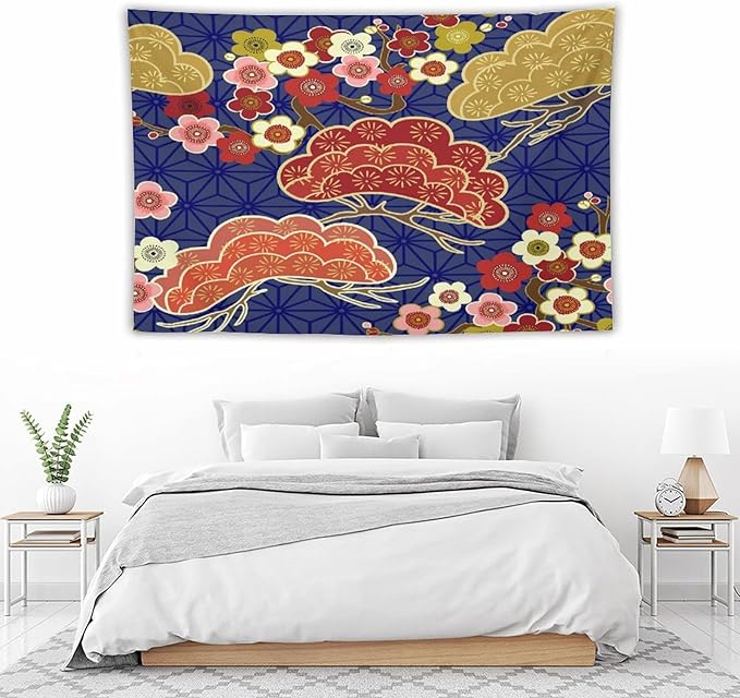 HZOHNAGO Japanese Tapestry Art Abstract Colorful Cherry Blossom Blue Background Pattern Printed Wall Tapestry Painting Wall Hanging for Bedroom Living Room Dorm 90" W x 60" H