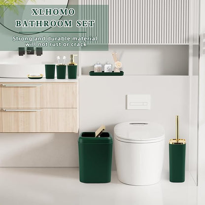 Dark Green Bathroom Accessories Set, Green and Gold Bathroom Accessories with Trash Can, Soap Dispenser, Soap Dish, Toothbrush Holder and Q-tip Holders