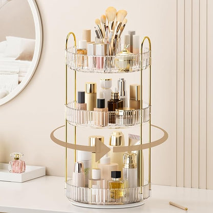360° Rotating Makeup Organizer, Upgraded 3 Tier Skincare Perfume Organizers for Women, Bathroom Organizer Countertop, Clear Cosmetic Dresser Organizer with Makeup Brush Holder, Sink&Counte (Clear)
