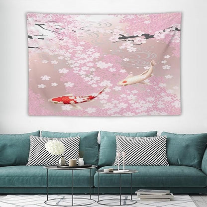 Houselerax Japanese Koi Fish Tapestry, Cherry Blossoms Asian Oriental Pink Flower Branch Koi Fish Carp Tapestries Wall Hanging for Bedroom Living Room Office Decor 90"x60"