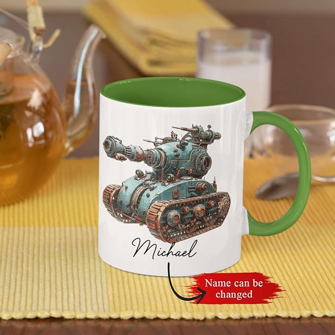 Personalized Unique Steampunk Tank Design Mug, Custom Mechanical Tank Art Coffee Cup 11oz, White Mug Gift For Mechanic Enthusiasts, Custom Name Ceramic Cup 11oz Or 15oz, Kids Mug