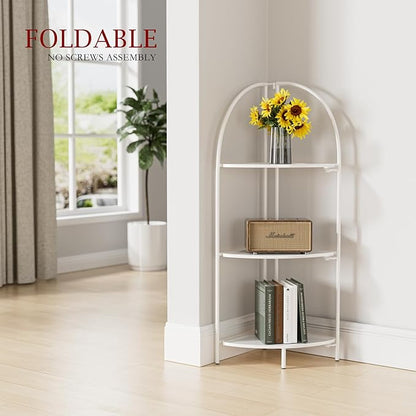 Crofy Foldable 3 Tier Corner Shelf, Metal Corner Plant Stand with White Frame and White Shelves, Corner Display Rack Multipurpose Shelving Unit for Living Room, Bedroom, Bathroom