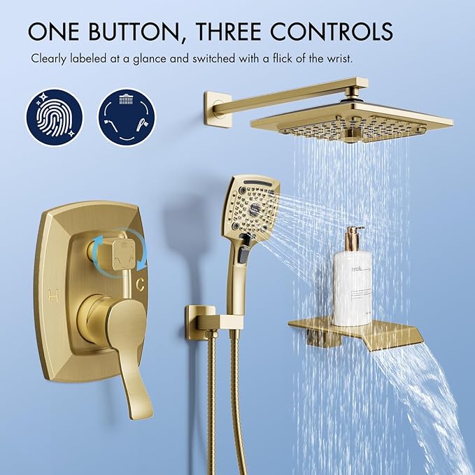 ELLO&ALLO Bathroom Shower Faucet Set Mixing Valve and Trim Kit, Complete Shower System with Tub Spout, Brushed Gold
