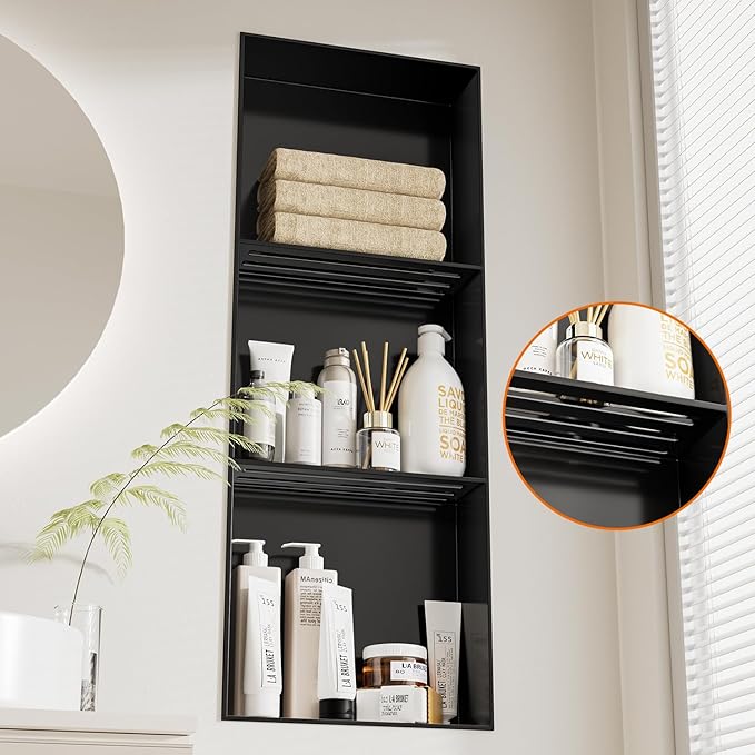 36x12 Inch No Tile Needed Shower Niche - 304 Stainless Steel Niche Shower with 3- Tier Shelves Recessed Wall Niches for Bathroom Storage,Matte Black