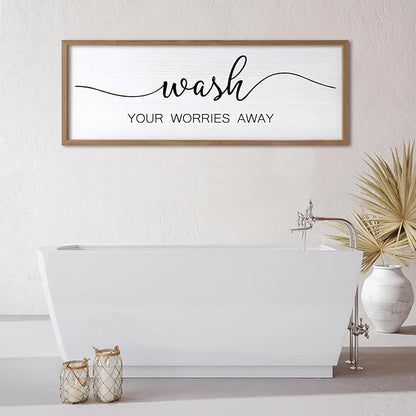 Wash Your Worries Away Wall Art Sign 32"×12" Laundry Room Large Wood Framed Restroom Toilet Wall Decor Hanging (Wood)