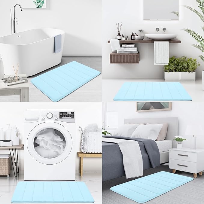 Buganda Memory Foam Bath Mat, 60" x 24", Ultra Soft and Non-Slip Bathroom Rugs, Water Absorbent and Machine Washable Bath Rug Runner for Bathroom, Shower, and Tub, Light Blue